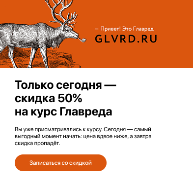 Первый вариант промо-карточки: скидка 50% на курс Главреда